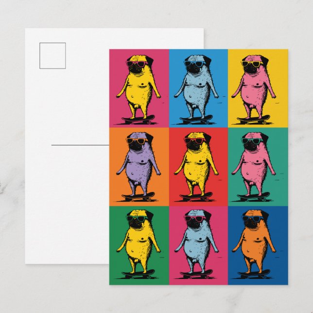 Roliga Mopsar på Skateboard Pop Art Rutnät Vykort (Fram/baksida)
