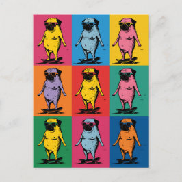 Roliga Mopsar på Skateboard Pop Art Rutnät Vykort