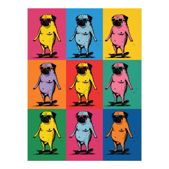 Roliga Mopsar på Skateboards Pop Art Grid Fototryck (Framsidan)