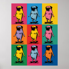Roliga Mopsar på Skateboards Pop Art Grid Poster