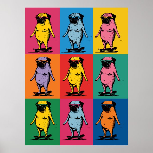 Roliga Mopsar på Skateboards Pop Art Grid Poster (Framsidan)