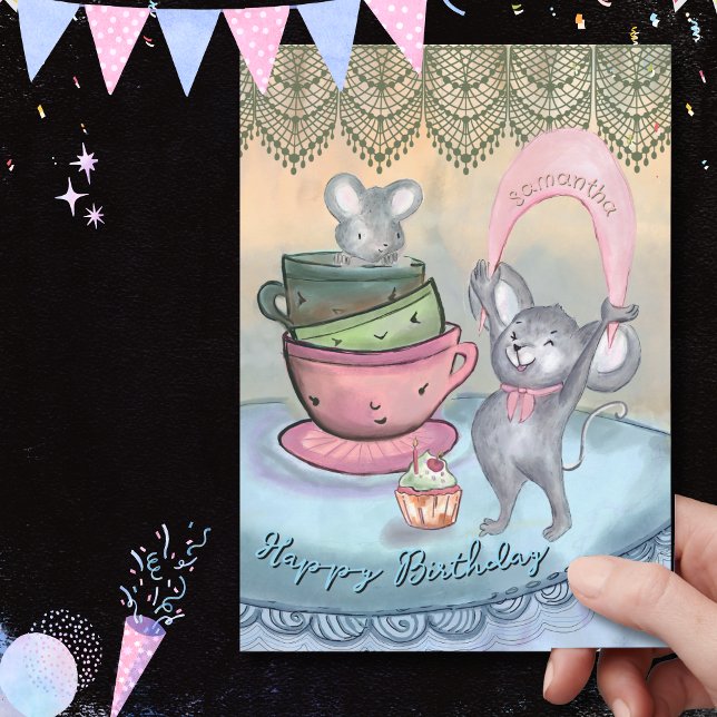 Roliga möss tekopparskål Personlig födelsedagskort Julkort (Funny Mice in Teacup Persnalized Birthday Card)