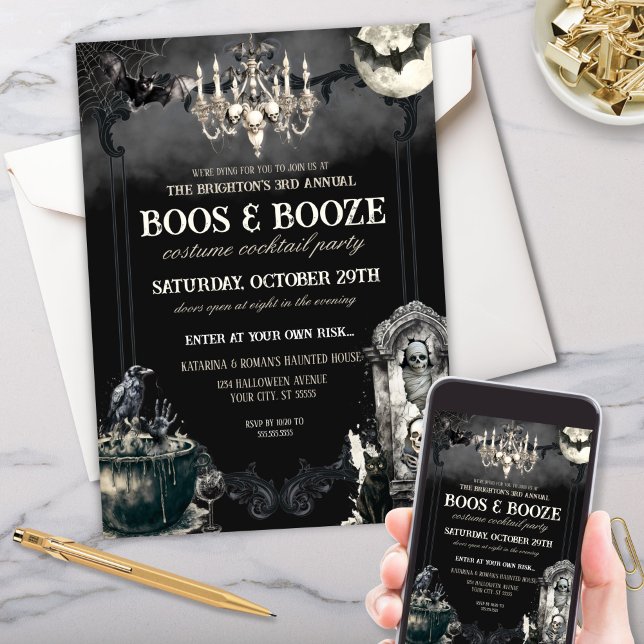 Roliga Mummi Fladdermöss Halloween Boos & Spritfes Inbjudningar (Halloween boos and booze party invitation with mummy skeleton bats and raven)
