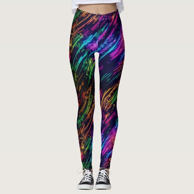 Roliga neonfärgade färgglada fyrverkerier laserfes leggings (Framsida)