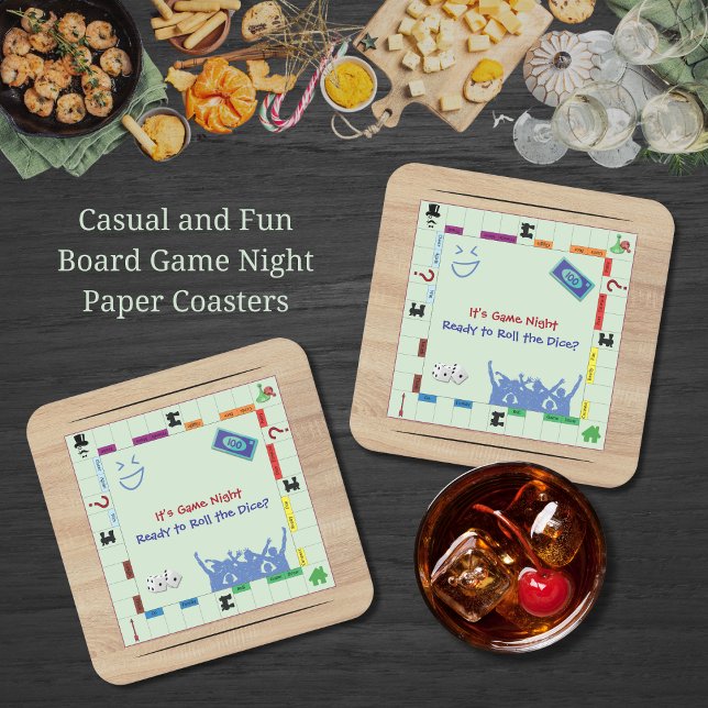 Roliga och avslappnade brädspelsfestkvällsunderläg underlägg papper kvadrat (Casual and Fun Board Game Night Party Coasters)
