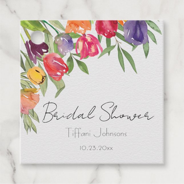 Roliga och ljusa tulpaner och grönska bröllopsfest gåvor etiketter (Framsida)