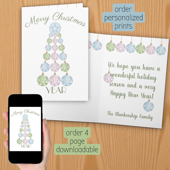 Roliga Pastell Färgade Julgransprydnader Personlig Kort (Christmas card template printed and as a download)