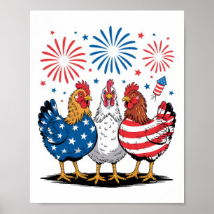 Roliga patriotiska kycklingar Usa Flagga 4:e Juli Poster