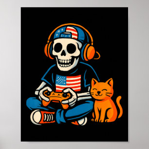Roliga Patriotiska Skelett Gamer Tecknad Film Dato Poster