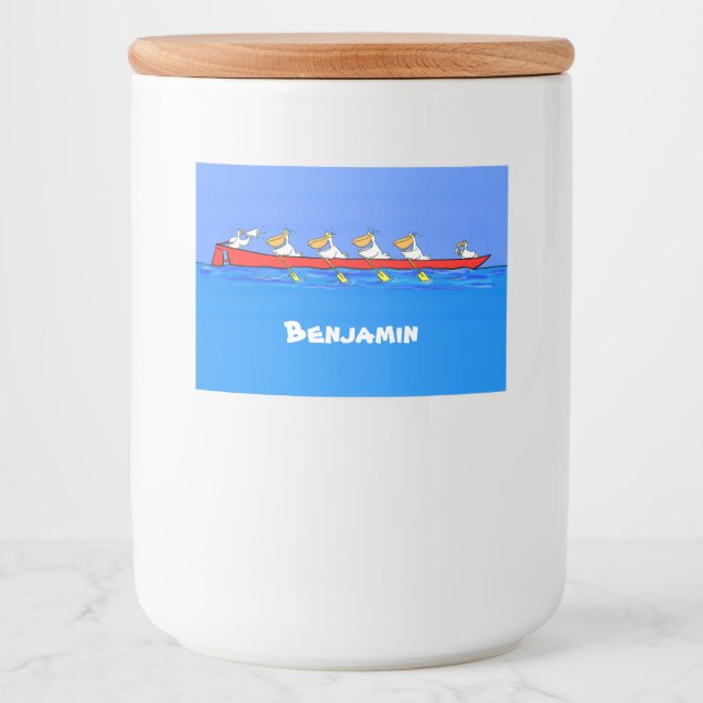 Roliga pelikaner roddar serieillustration mat etiketter (Framsida)