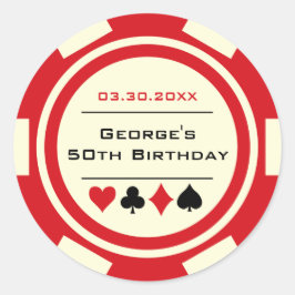 Roliga Pokerchip Födelsedag Röd Off-Vit Runt Klistermärke