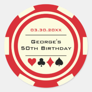 Roliga Pokerchip Födelsedag Röd Off-Vit Runt Klistermärke