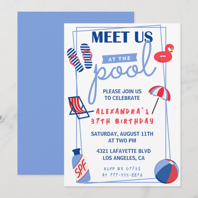 Roliga poolparty-inbjudningar 37-årsdag  Sommar Inbjudningar (Fram/baksida)