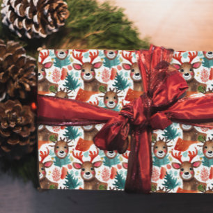 Roliga renar röda vita gröna jul akvarell presentpapper