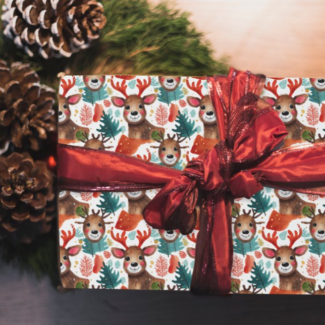 Roliga renar röda vita gröna jul akvarell presentpapper (Skapare uppladdad)