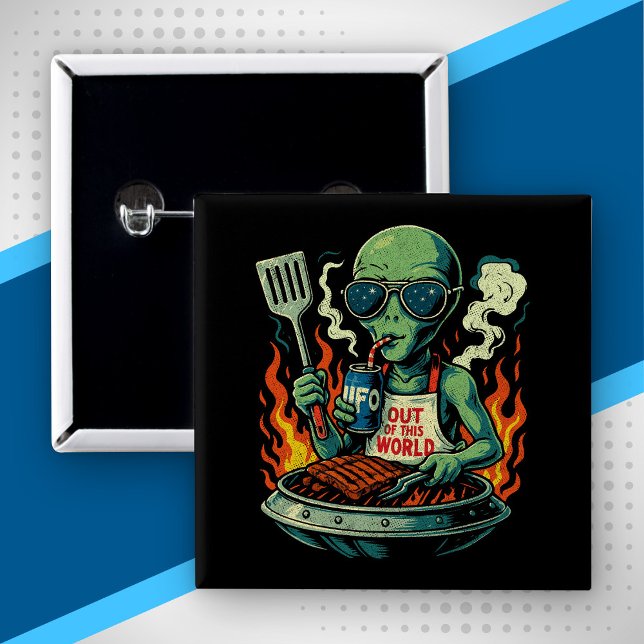 Roliga Retro Gröna Alien UFO Grill BBQ Solglasögon Knapp (Skapare uppladdad)