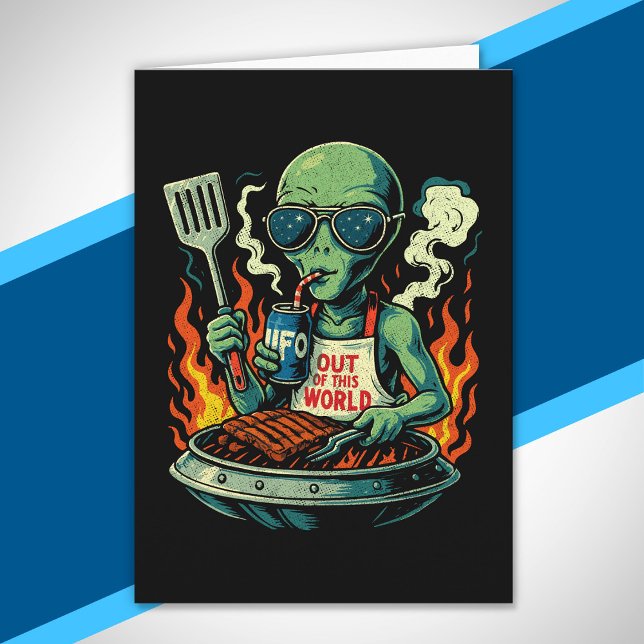 Roliga Retro Gröna Alien UFO Grill BBQ Solglasögon Kort (Skapare uppladdad)