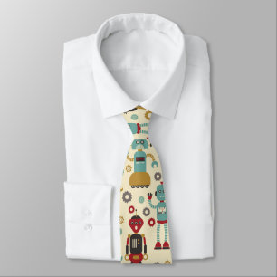 Roliga Retro robotar illustrerat mönster (kräm) Slips