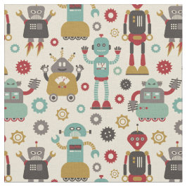 Roliga Retro robotar illustrerat mönster (kräm) Tyg
