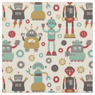 Roliga Retro robotar illustrerat mönster (kräm) Tyg