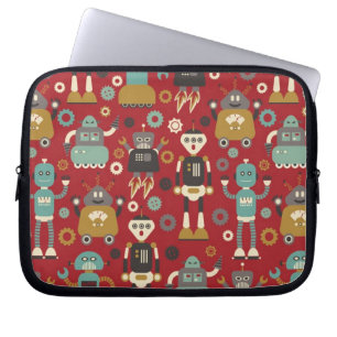 Roliga Retro robotar (rött) illustrerat mönster, Laptop Fodral