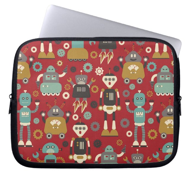Roliga Retro robotar (rött) illustrerat mönster, Laptop Fodral (Framsidan)