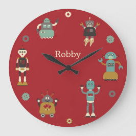 Roliga Retro robotar (rött) illustrerat mönster, Stor Klocka