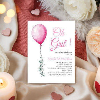roliga rosa ballonger baby shower flicka inbjudningar