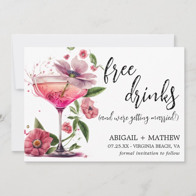 Roliga Rosa Blommiga Cocktail Trendig Foto Bröllop Spara Datumet (Framsida)