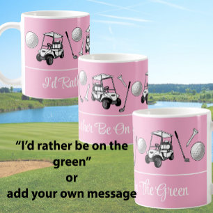 Roliga rosa golfbollar och söt vagn med anpassad m kaffemugg