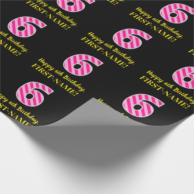 Roliga rosa ränder "6"; Glad 6-årsdag; Namn Presentpapper (Hörn)