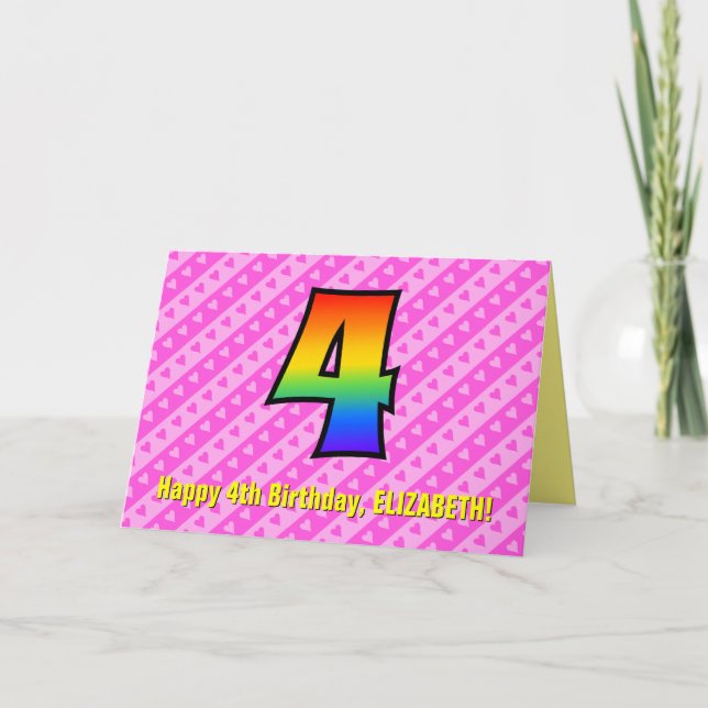 Roliga Rosa Ränder, Hjärtan, Regnbåge # 4-årsdag Kort (Framsida)