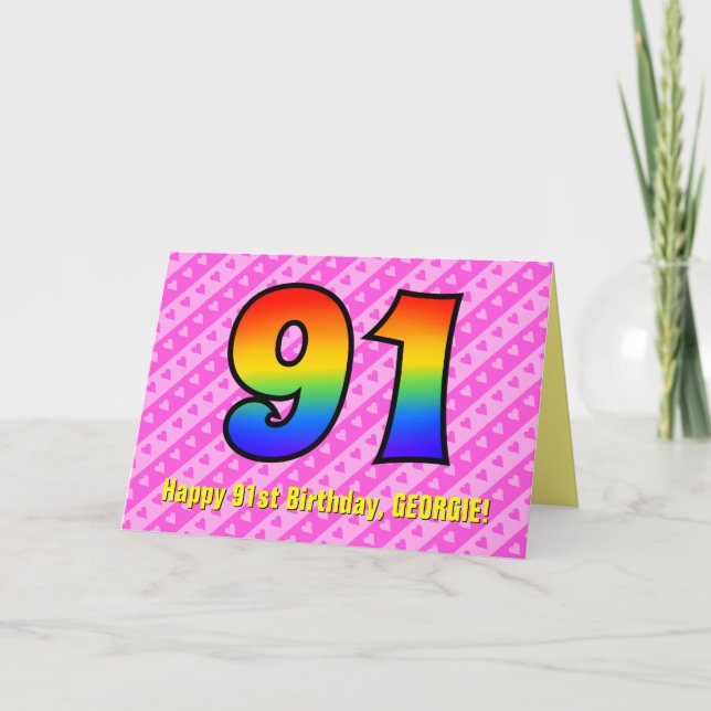 Roliga Rosa Ränder, Hjärtan, Regnbåge # 91-årsdag Kort (Framsida)