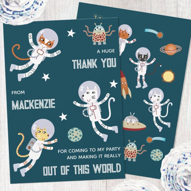 Roliga rymdkatter Barnkalas Tacksamhetskort Tack Kort (Fun space themed cat astronaut personalized kids name party thank you card)