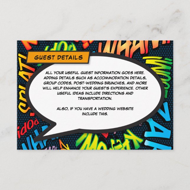 Roliga seriehäftebröllopsboende detaljer tilläggskort (Framsida)