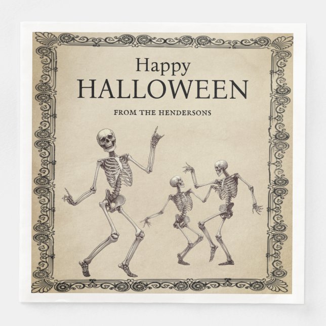 Roliga skelett dansar vintage Halloween-fest Pappersservett (Framsida)