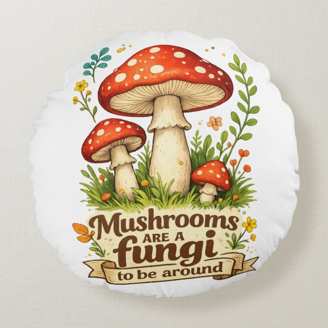 Roliga skogssvampar present till svampplockare rund kudde (Framsidan)