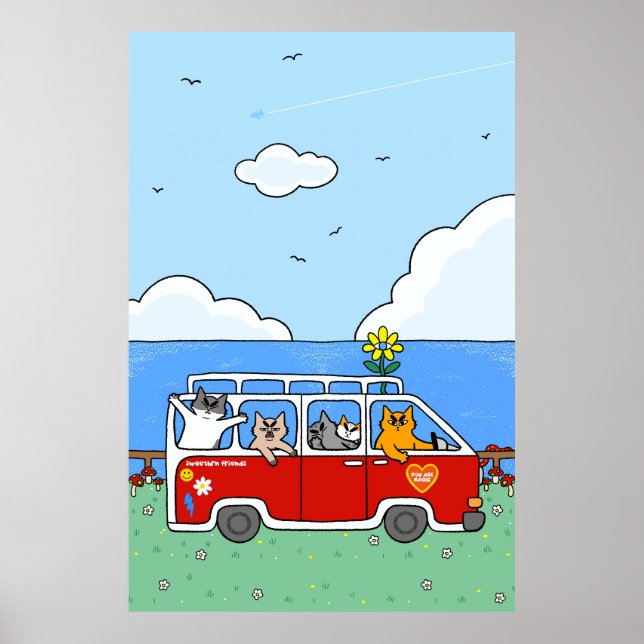 Roliga sommarstämningar Katter Retro Surf Van Poster (Framsidan)