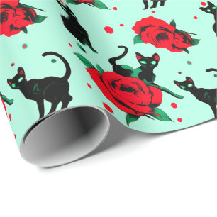 Roliga söta svarta katter röda rosor Mönster Presentpapper