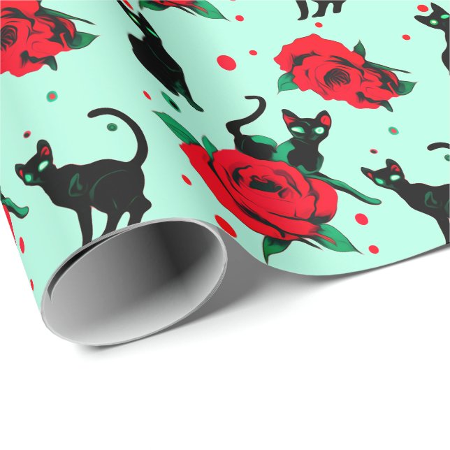 Roliga söta svarta katter röda rosor Mönster Presentpapper (Rullad Hörn)