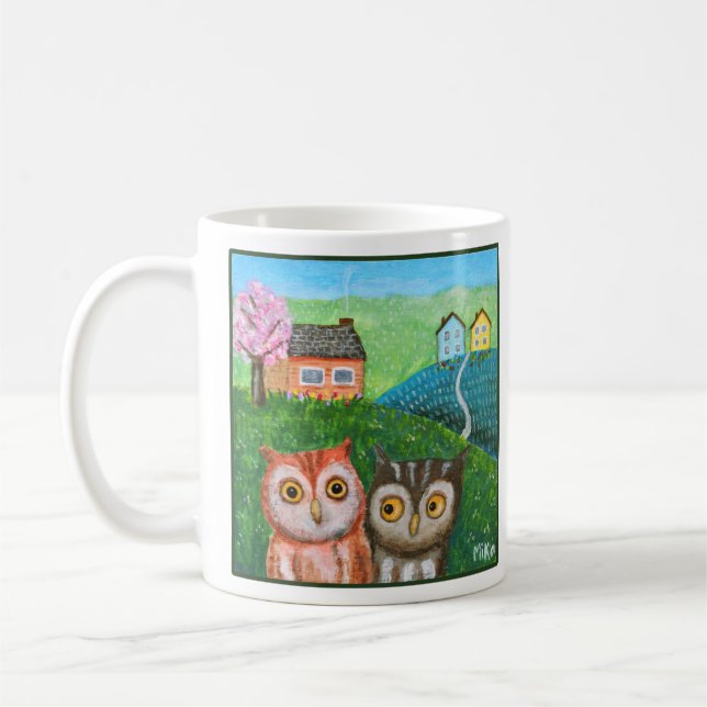 Roliga söta ugglor folklig konst lantlig landskap  kaffemugg (Vänster)