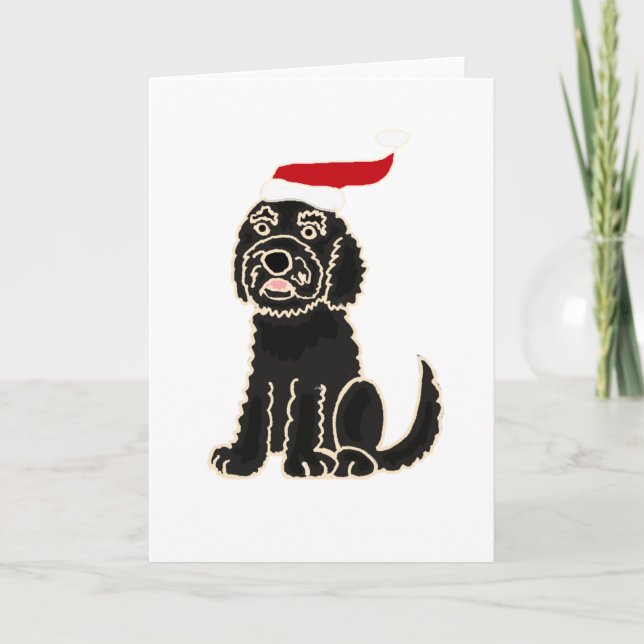 Roliga svart Labradoodle i konst för Santa hattjul Helgkort (Framsida)
