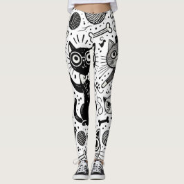 Roliga svarta och vita kattmönstrade leggings