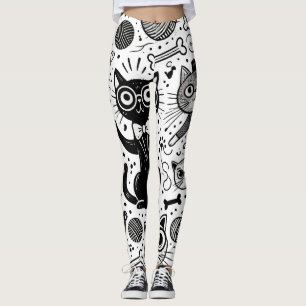 Roliga svarta och vita kattmönstrade leggings