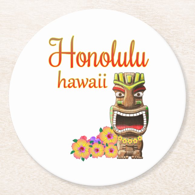 Roliga Tiki Honolulu Hawaii Underlägg Papper Rund (Framsidan)