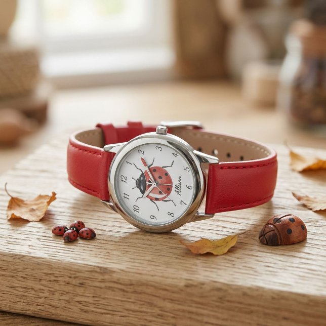 Roliga tjejers röda nyckelpiga barnklocka  armbandsur (Skapare uppladdad)