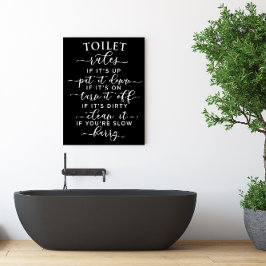 Roliga Toalettregler – Elegant Vit Text på Svart Poster