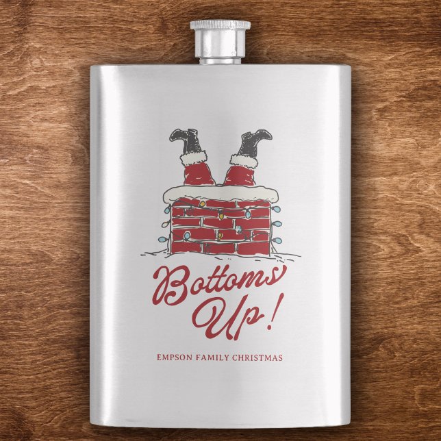 Roliga Tomte Julfestpresenter Bottoms Up Fickplunta (Stainless steel flask with a Santa chimney motif, light string detail, and bold “Bottoms Up!” script)