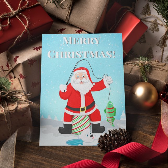 Roliga tomten Isfiske Med Isbjörn Vykort (Santa and Polar Bear Reel in the Fun: A Perfect Catch for the Angler in Your Life!)