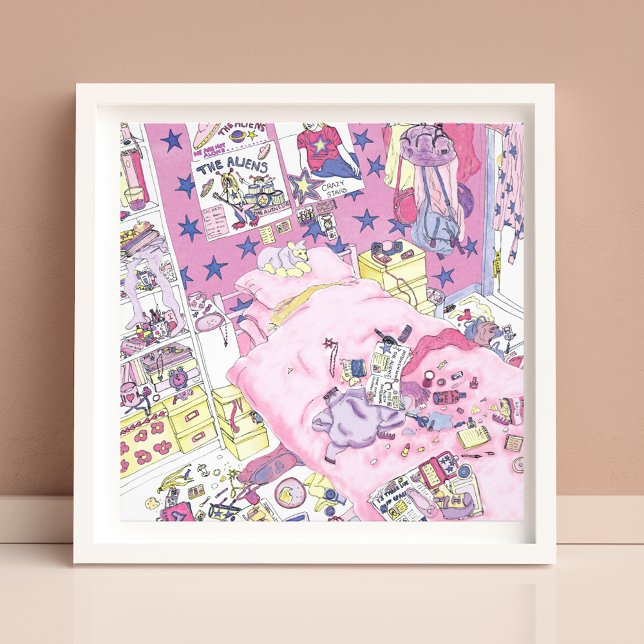 Roliga tonårstjejers röriga sovrum Söt rosa konst Fototryck (Funny teen girls messy pink bedroom watercolor artwork)